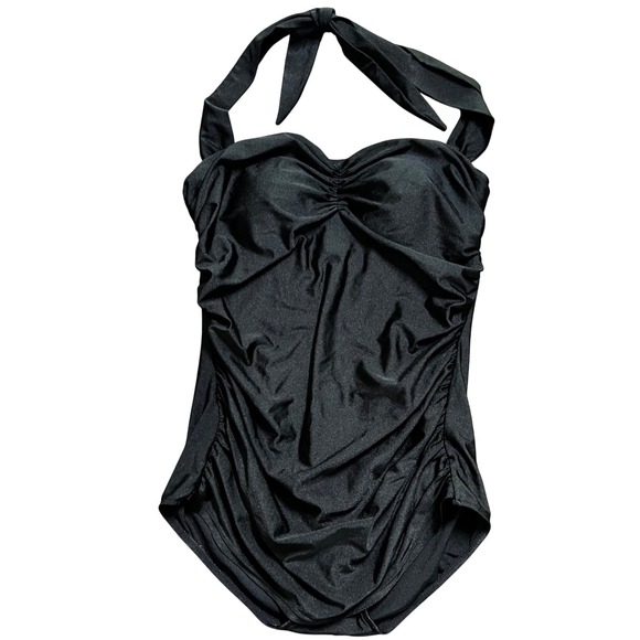 Cocoship Black Halter One Piece Swimsuit Ruched Sweetheart Size 12 - Picture 1 of 8